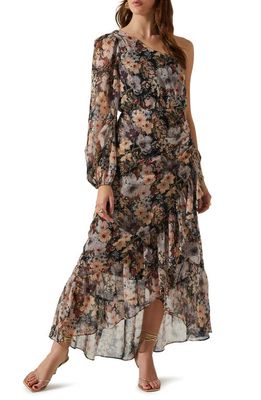 ASTR the Label Calista Floral One-Shoulder High-Low Maxi Dress in Navy Taupe Floral