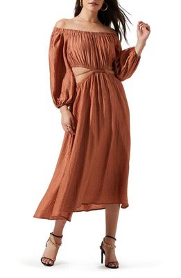 ASTR the Label Cassian Off the Shoulder Long Sleeve Midi Dress in Warm Brown