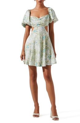 ASTR the Label Clarita Floral Puff Sleeve Cutout Dress in Green Blue Floral