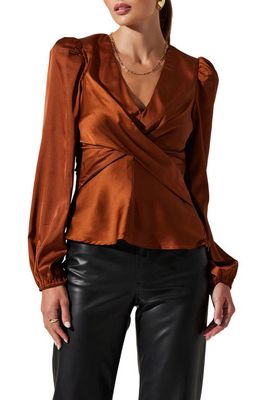 ASTR the Label Crossover Balloon Sleeve Satin Top in Amber
