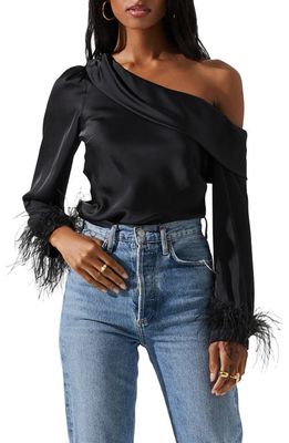 ASTR the Label Dawn One Shoulder Feather Trim Blouse in Black