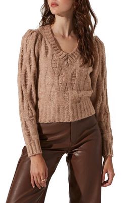 ASTR the Label Distressed V-Neck Cable Knit Sweater in Taupe