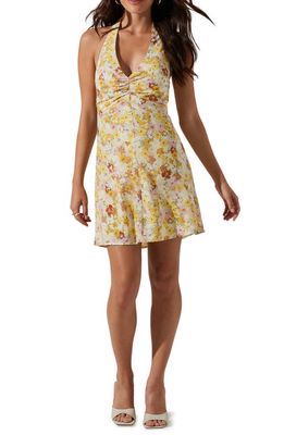 ASTR the Label Floral Cinched Halter Minidress in Yellow Rust Floral