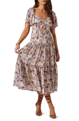ASTR the Label Floral Cutout Lace-Up Midi Dress in Blue Multi Floral