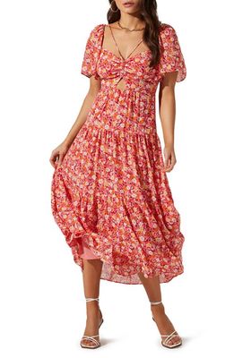 ASTR the Label Floral Cutout Lace-Up Midi Dress in Red Multi Floral