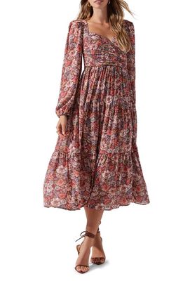 ASTR the Label Floral Pleated Long Sleeve Midi Dress in Rust Multi Floral