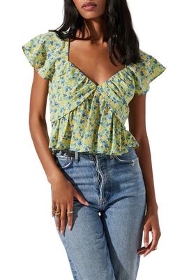 ASTR the Label Floral Print Flutter Sleeve Peplum Top in Blue Yellow Floral