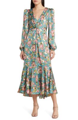 ASTR the Label Floral Print Long Sleeve Midi Dress in Blue Floral