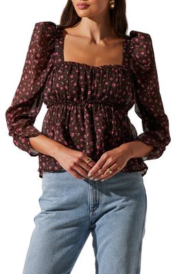 ASTR the Label Floral Print Smocked Babydoll Top in Brown Pink Ditsy