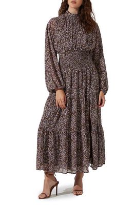ASTR the Label Floral Print Smocked Waist Long Sleeve Maxi Dress in Brown Purple Ditsy