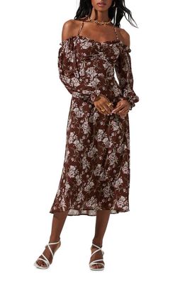 ASTR the Label Floral Print Tie Neck Off the Shoulder Dress in Brown Mauve Floral