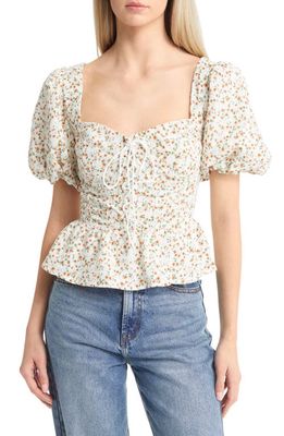 ASTR the Label Floral Puff Sleeve Lace-Up Corset Crop Top in Rust White Ditsy