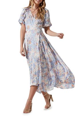 ASTR the Label Floral Puff Sleeve Wrap Dress in Blue Multi Floral