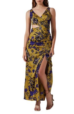 ASTR the Label Floral Ruched Cutout Dress in Chartreuse Indigo Floral