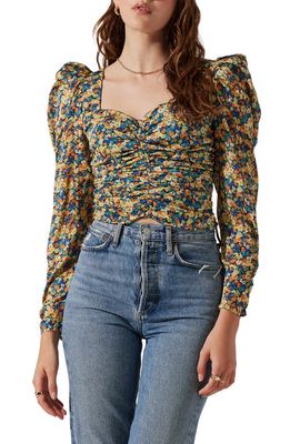 ASTR the Label Floral Ruched Puff Sleeve Crop Top in Orange Black Ditsy