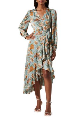 ASTR the Label Floral Satin Long Sleeve Wrap Dress in Dusty Blue Floral