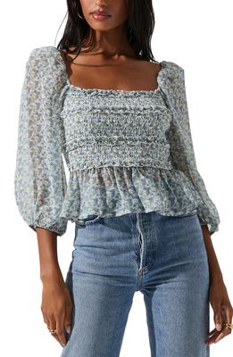 ASTR the Label Floral Smocked Peplum Top in Blue Multi