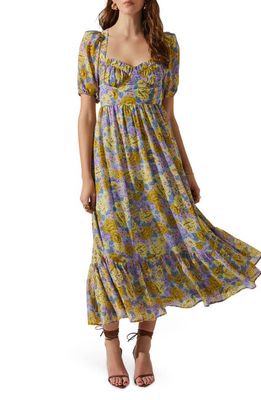 ASTR the Label Floral Sweetheart Neck Midi Dress in Gold Purple Floral