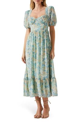 ASTR the Label Floral Sweetheart Neck Midi Dress in Green Blue Floral