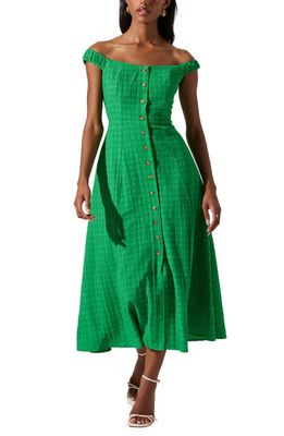 ASTR the Label Harlyn Off the Shoulder Textured Midi Dress in Kelly Green