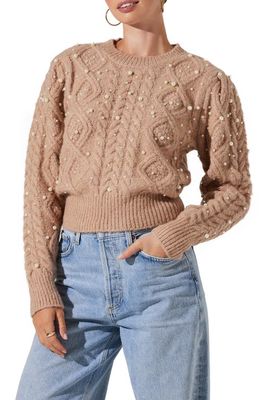 ASTR the Label Imitation Pearl Embellished Cable Stitch Sweater in Taupe