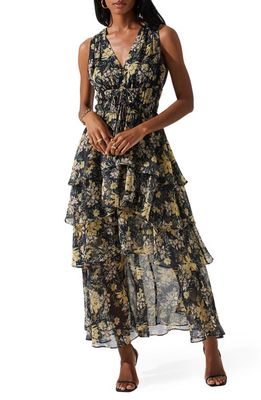 ASTR the Label Kali Floral Tiered Chiffon Dress in Black Navy Floral