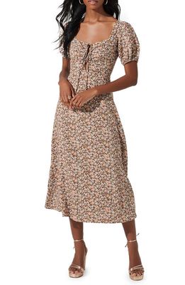 ASTR the Label Lace-Up Puff Sleeve Midi Dress in Brown Floral