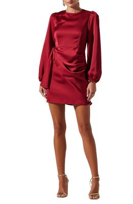 ASTR the Label Long Sleeve Draped Satin Minidress in Red