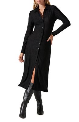 ASTR the Label Long Sleeve Textured Knit Midi Shirtdress in Black