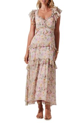 ASTR the Label Mable Floral Tiered Cutout Chiffon Dress in Pink Floral