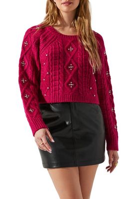 ASTR the Label Madison Rhinestone Cable Stitch Crop Sweater in Pink