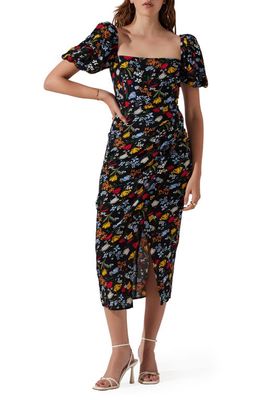 ASTR the Label Puff Sleeve Front Slit Midi Dress in Black Multi Floral