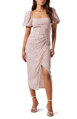 ASTR the Label Puff Sleeve Front Slit Midi Dress in Pink Multi Ditsy