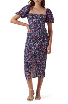 ASTR the Label Puff Sleeve Front Slit Midi Dress in Teal Purple Multi Floral
