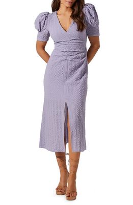 ASTR the Label Puff Sleeve Front Vent Midi Dress in Purple