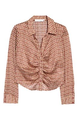 ASTR the Label Ruched Button-Up Shirt in Wine Abstract