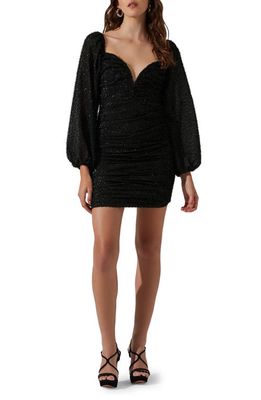 ASTR the Label Ruched Long Sleeve Clip Dot Minidress in Black