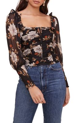 ASTR the Label Ruched Square Neck Top in Black Multi Floral