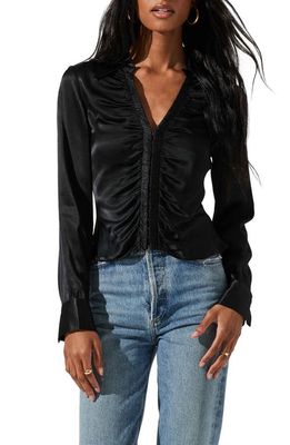 ASTR the Label Shannon Ruched Satin Blouse in Black