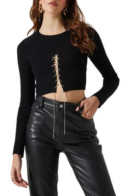 ASTR the Label Simone Embellished Lace-Up Crop Sweater in Black