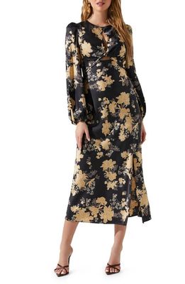 ASTR the Label Suzy Floral Cutout Long Sleeve Satin Midi Dress in Black Cream Floral