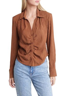 ASTR the Label Textured Ruched Button-Up Shirt in Brown