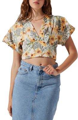 ASTR the Label Tie Back Crop Satin Blouse in Cream Yellow Floral