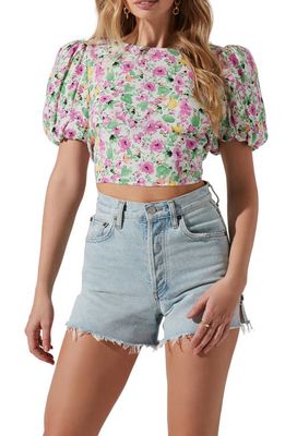 ASTR the Label Tie Back Puff Sleeve Crop Top in Pink Green Floral