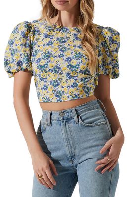 ASTR the Label Tie Back Puff Sleeve Crop Top in Yellow Blue Floral