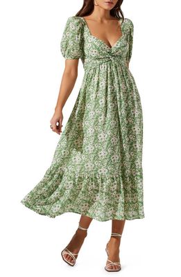 ASTR the Label Tie Back Puff Sleeve Midi Dress in Green Blue Floral
