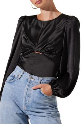 ASTR the Label Twist Front Keyhole Balloon Sleeve Satin Top in Black