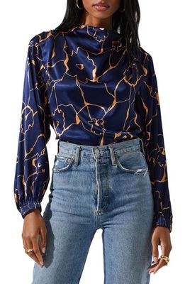 ASTR the Label Veronica Cutout Cowl Neck Satin Blouse in Navy Taupe