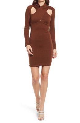 ASTR the Label Wrap Neck Cutout Long Sleeve Knit Dress in Brown