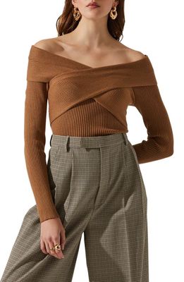 ASTR the Label Zayla Crossover Off the Shoulder Rib Sweater in Brown